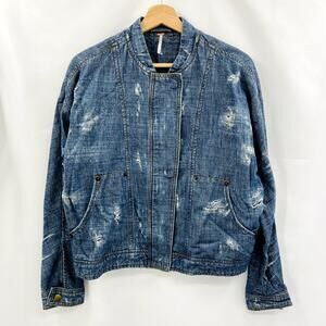 Free People S Denim Lightweight Distressed Bomber Jacket